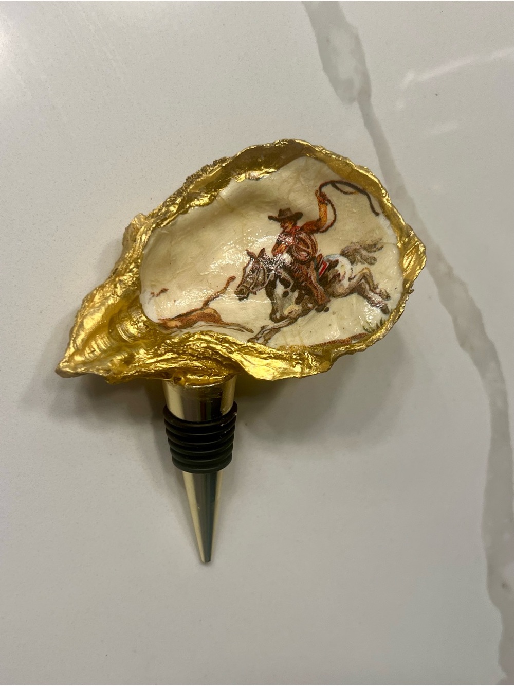 Hand-Painted Gold Oyster Shell Wine Stopper with Cowboy Motif